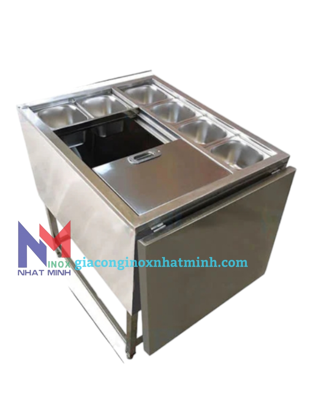 Thùng đá inox 304 có 6 khay topping kèm mặt lật