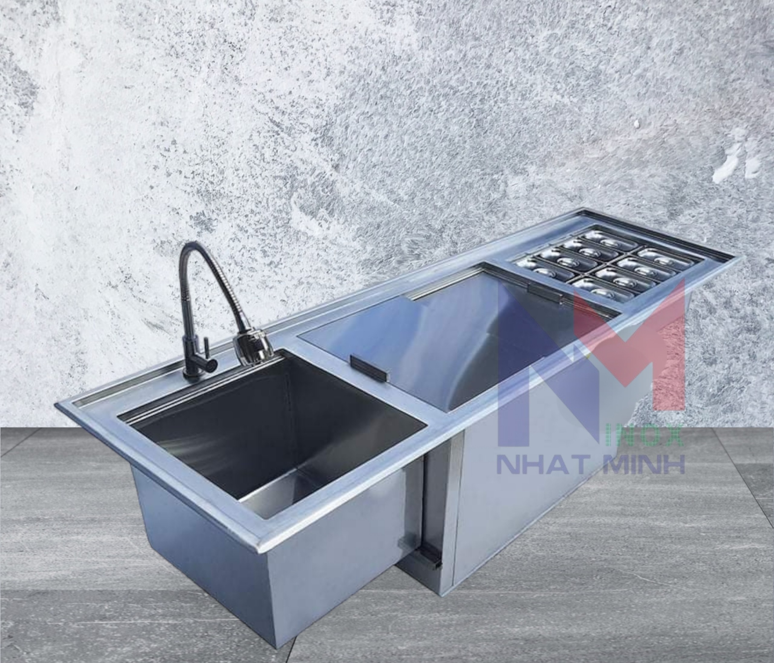 Thùng đá inox âm quầy kết hợp chậu rửa kèm 8 khay topping