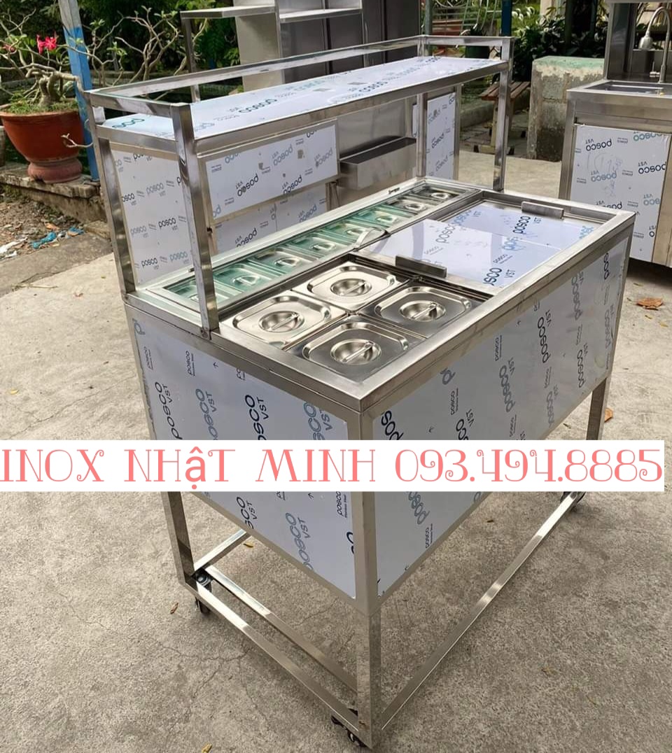 Thùng đá inox có chân, kệ trên kèm khay topping