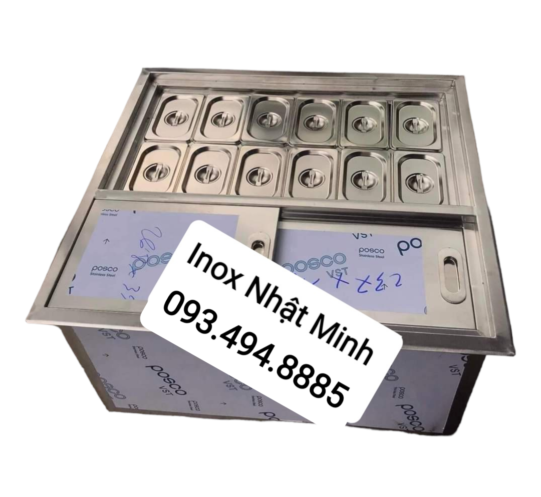 Thùng đá inox âm quầy có 12 khay topping