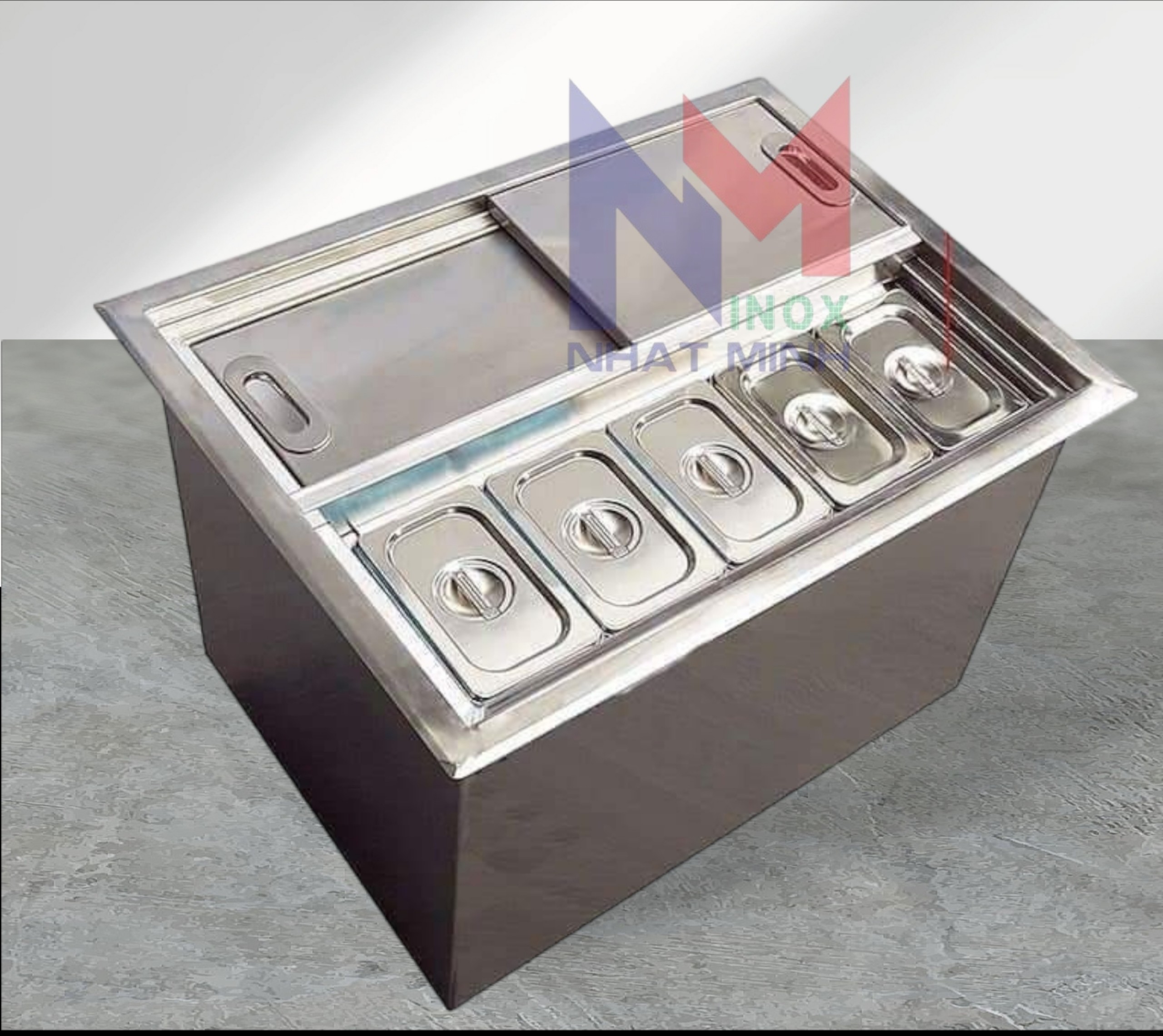 Thùng đá inox âm bàn kèm 5 khay topping kt 500x600x400